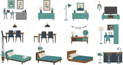 Stylish modern home furniture collection with various living room, dining room, bedroom, and office decor in vibrant teal tones, featuring plants, lighting