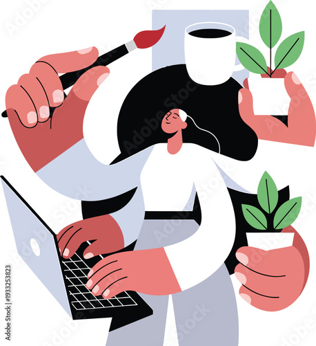 International women's day illustration busy female freelancer multitasking working from home creative work holding coffee plant paintbrush laptop on transparent background