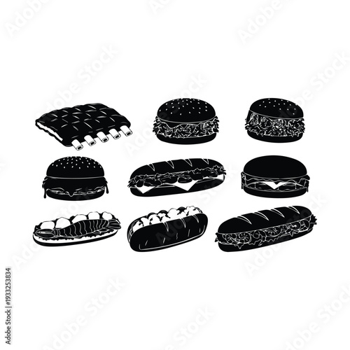 Black and white illustration of various grilled and fast foods