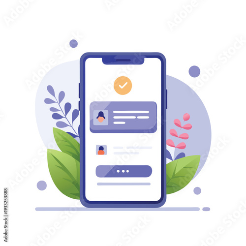 Mobile app user profile and login interface illustration with stylized background elements.