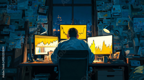 Financial analyst working late night monitoring stock market charts