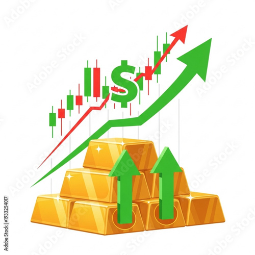 Gold price growth chart with rising arrow and shiny bullion
