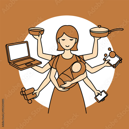 Multitasking super mom in a brown dress on a white background, demonstrating the various roles and responsibilities of a mother with six arms holding household items and a baby