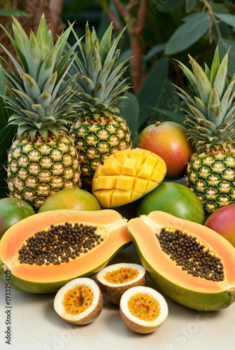 Wallpaper Mural Assortment of vibrant tropical fruits including pineapples, papayas, mangoes, and passion fruit Torontodigital.ca