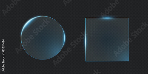 Neon blue glowing circle and square frames. Futuristic interface templates for digital web design banners.