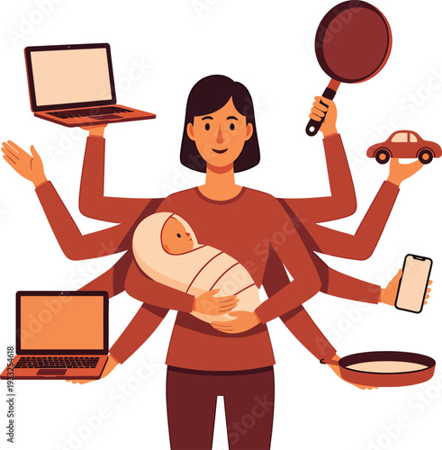 Busy mother with many arms juggling baby laptop coffee and cooking tools demonstrating multitasking in modern life balancing work and family