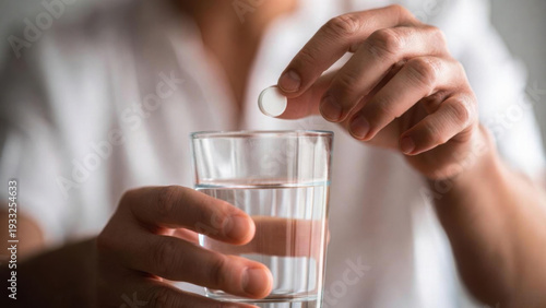 Wallpaper Mural Person holding a white pill over a glass of water, ready to take medication Torontodigital.ca