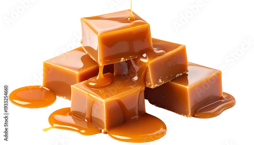 Close-up of golden caramel cubes, some with melting drizzle, against a dark backdrop