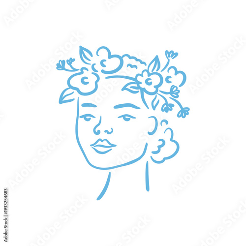 Whimsical hand drawn portrait of african american woman with flowers in her hair. Delicate blue ink line art in romantic vintage style, ideal for beauty branding, feminine stationery design. Vector