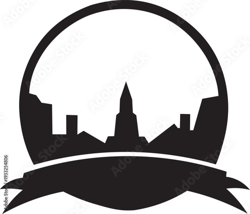 Silhouette of a city skyline with a central tower inside a circular frame with a banner below.