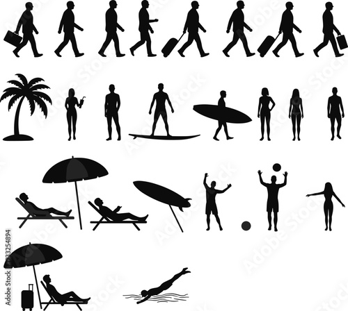 Summer vacation beach people silhouette set, surfing, walking, relaxing, playing, sunbathing, swimming, travel icons, tropical scene, black vector illustrations, flat design graphics