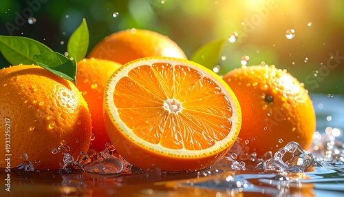 Fresh oranges, one cut, sit in bright sun with leaf accents and water droplets