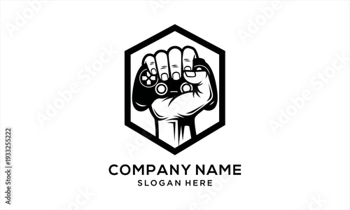 Fist holding a game controller in a hexagonal frame, gaming logo concept.