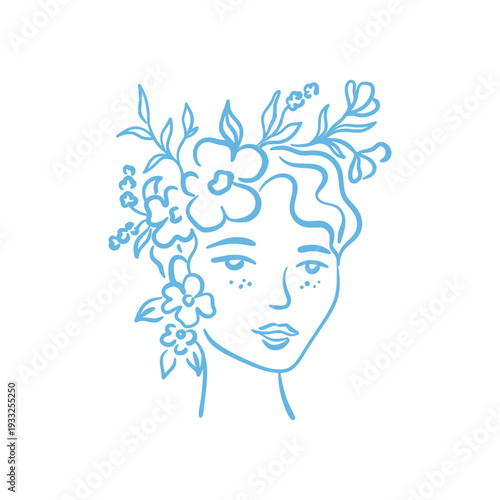 Whimsical hand drawn portrait of beautiful young woman with flowers in her hair. Delicate blue ink line art in romantic vintage style, ideal for beauty branding, feminine stationery design. Vector