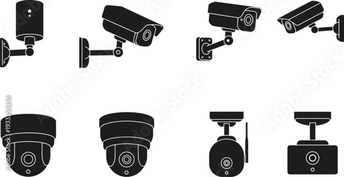 Surveillance camera vector set, black cctv icon collection, wall mount design, security monitoring system, home safety, flat illustration