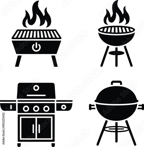 Collection of four black barbecue grill icons for outdoor cooking and summer parties