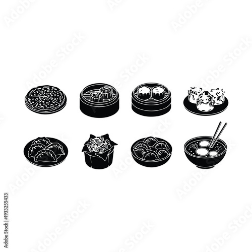 Selection of asian dumplings and dim sum presented in black and white
