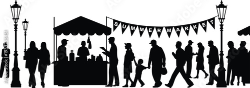 Summer market outdoor scene, people shopping, street vendors, market stalls, community gathering, city life, social interaction, urban marketplace, family shopping, leisure activity