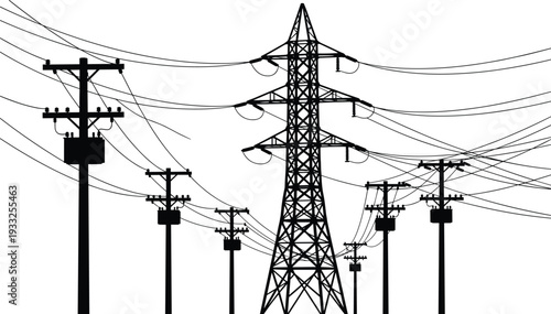 Black silhouette vector illustration of mixed utility poles, high voltage transmission tower, overhead power lines, transformers, electrical cables, power grid infrastructure graphic