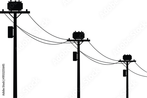 Black silhouette vector illustration of utility poles with transformers, overhead electrical power lines, connected cables, power distribution poles, urban electricity infrastructure graphic