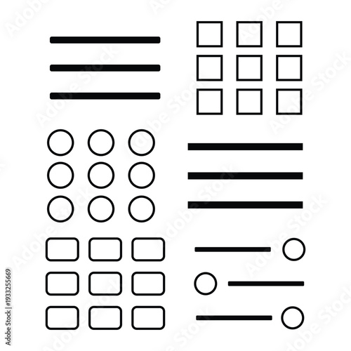 Black and white icons of lines and shapes