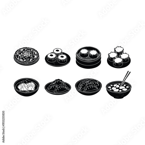 An assortment of various asian dumplings and noodle dishes in black
