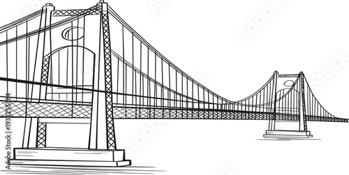 Suspension bridge line art drawing, architectural vector sketch, black and white bridge design, engineering structure, urban construction, detailed illustration