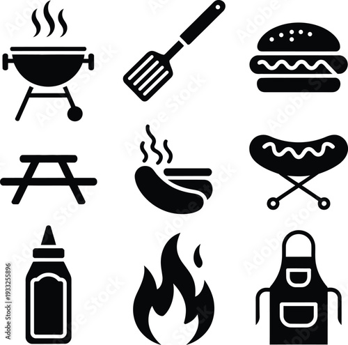 A collection of black and white barbecue and grilling icons featuring a grill, spatula, and food.