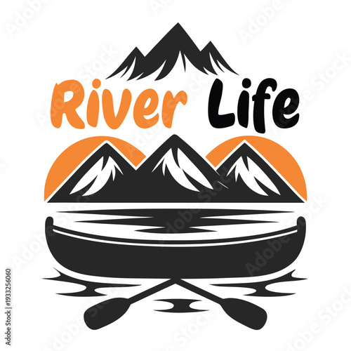River Life graphic design with mountains canoe paddles and stylized water on white