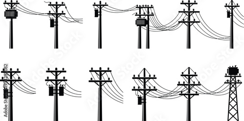 Black silhouette vector illustrations of utility poles, transformers, overhead power lines, electrical cables, distribution poles with insulators, urban electricity infrastructure set