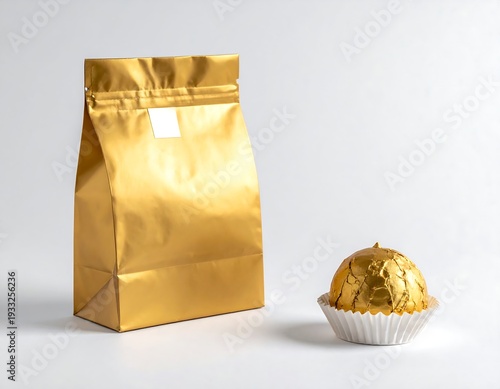 Gold-foil treat. A shiny bag stands by a foil-wrapped ball, nestled in a white paper cup. Simple, minimalist
