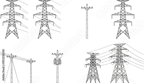 Black silhouette vector set of high voltage transmission towers, power pylons, electrical lattice structures, overhead power lines, utility grid illustration