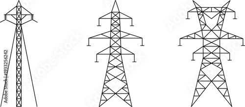 Black silhouette vector illustrations of high voltage transmission towers, lattice power pylons, steel electrical structures, overhead line insulators, utility grid infrastructure set