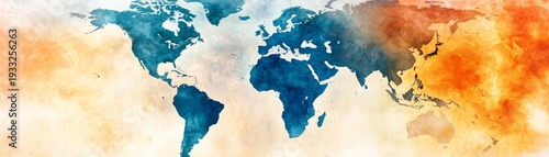 Abstract watercolor world map with a fiery effect on the right, cool blues on the left, symbolizing climate change contrast. World map, Abstract, Climate change