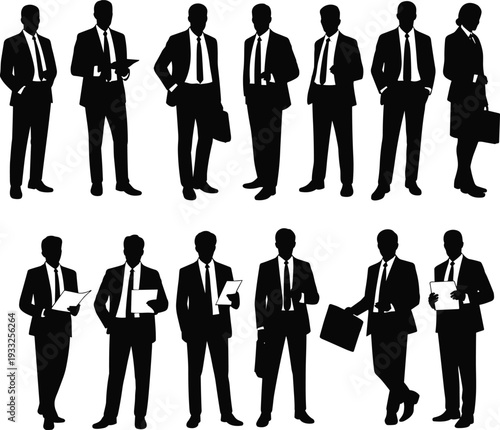 Business professionals silhouettes in corporate attire, teamwork diversity concept, office workers holding briefcases, tablets, documents, modern workplace collaboration illustration