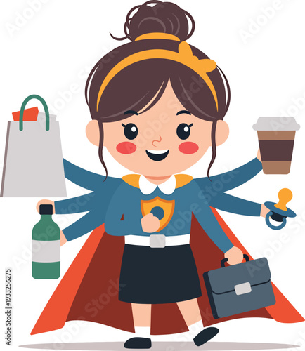 Superwoman cartoon character with multiple arms holding shopping bag, coffee, bottle, pacifier, and briefcase, symbolizing multitasking and busy life of modern mothers
