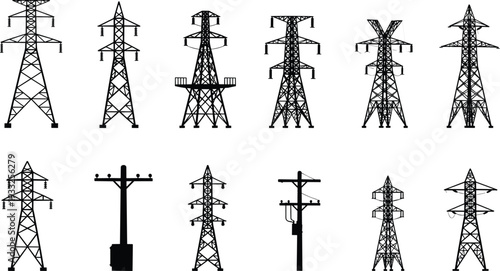 Black silhouette vector set of high voltage transmission towers, power pylons, lattice electrical structures, overhead lines insulators, utility grid infrastructure illustrations