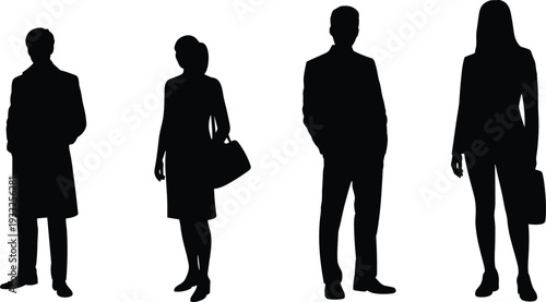 Business professionals silhouettes, corporate team diversity, office workers standing, executive men women in suits, workplace attire, professional roles illustration
