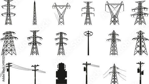 Black silhouette vector set of high voltage transmission towers, power pylons, lattice structures, utility poles, overhead lines, electrical infrastructure illustrations
