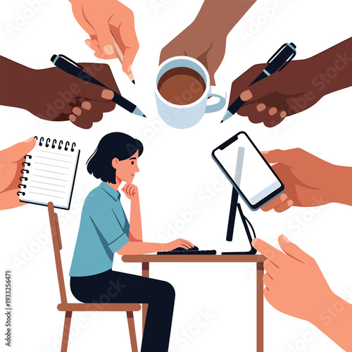 Businesswoman working on computer surrounded by many hands offering coffee, phone, notebook, and pens, depicting pressure and multitasking in modern workplace