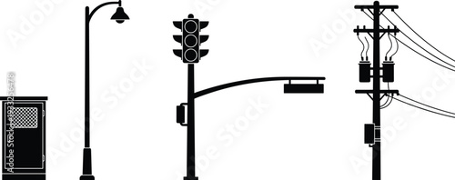 Black silhouette vector set of urban street elements, electrical cabinet, curved lamppost, traffic light signal, utility pole with transformers and cables illustration