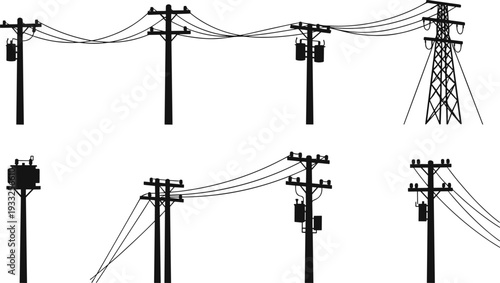 Black silhouette vector set of utility poles with transformers, overhead power lines, electrical cables, lattice transmission tower, power distribution infrastructure illustrations