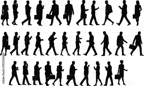 Business silhouettes walking, talking, mobile phone, professional attire, suits, dresses, briefcases, diverse group, communication, corporate lifestyle, vector illustration, design element