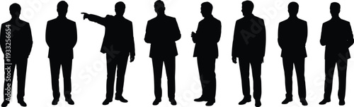 Business silhouettes teamwork, leadership pointing direction, corporate group decision making, professional unity, office collaboration, executive management strategy, workplace diversity success