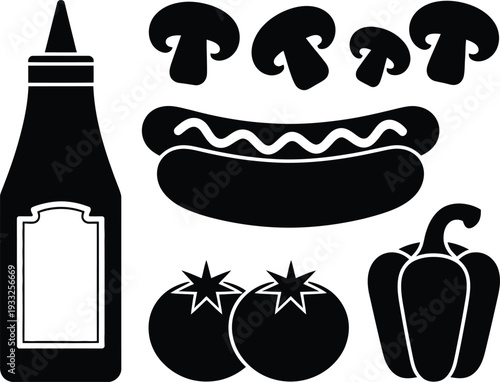 Black and white silhouette icons of a hot dog with toppings like mushrooms and peppers