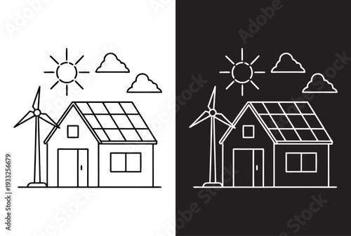 Renewable energy system with solar panels and wind turbines on house roof