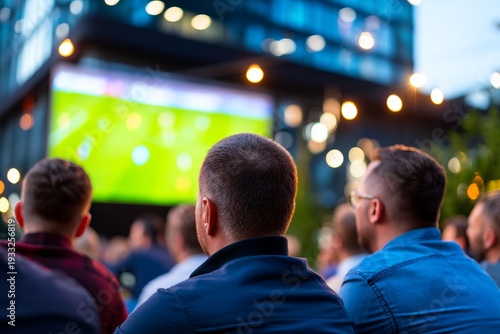 Outdoor Evening Soccer Watch Party with Large Screen and Urban Atmosphere