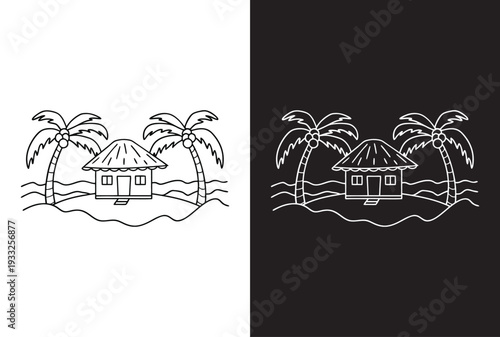 Tropical island scene with hut and palm trees on water