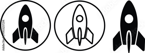 Simple black and white illustration of three rocket ship icons symbolizing startup launch and business innovation concepts in a modern minimalist style.