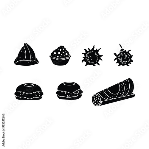 Black silhouette icons depicting various types of food items